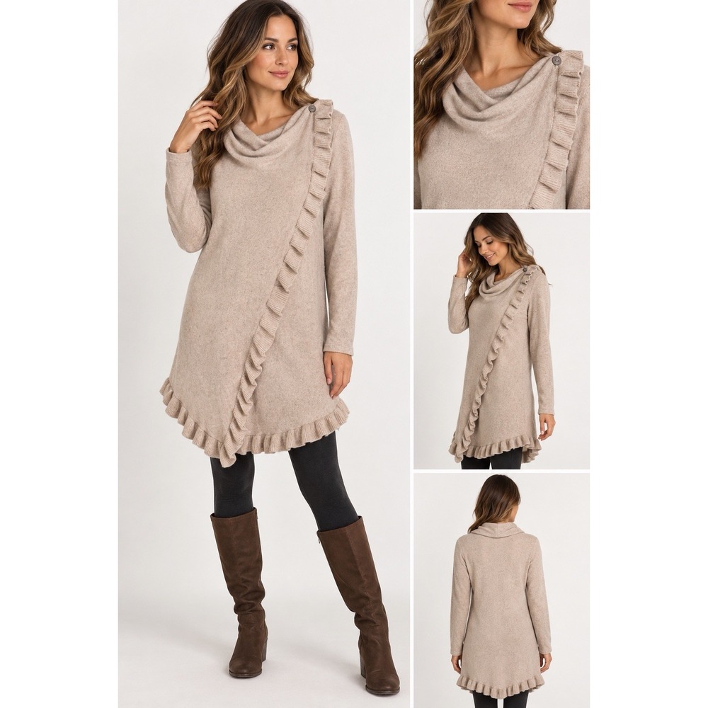 Claudia Nichole M Silk Cashmere Ruffle Wrap Cowl Neck Sweater Tunic